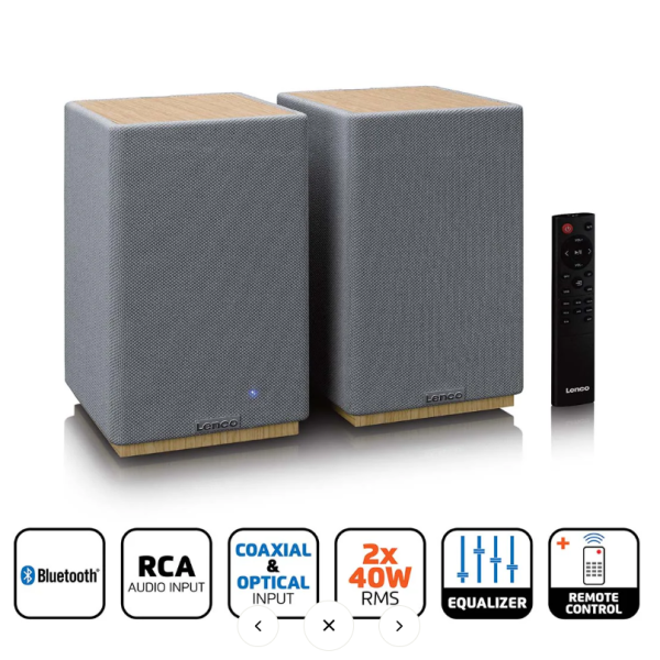 Lenco SPB-241WDGY - HiFi Stereo Bluetooth® Hoparlör Çifti - Şık tasarımda güçlü ses - Ahşap/Gri