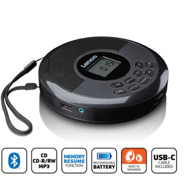 Lenco CD-340BK - Bluetooth ve dahili hoparlörlü taşınabilir CD/MP3 çalar - Siyah+