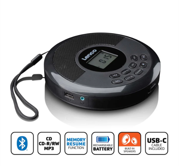 Lenco CD-340BK – Bluetooth ve dahili hoparlörlü taşınabilir CD/MP3 çalar – Siyah+