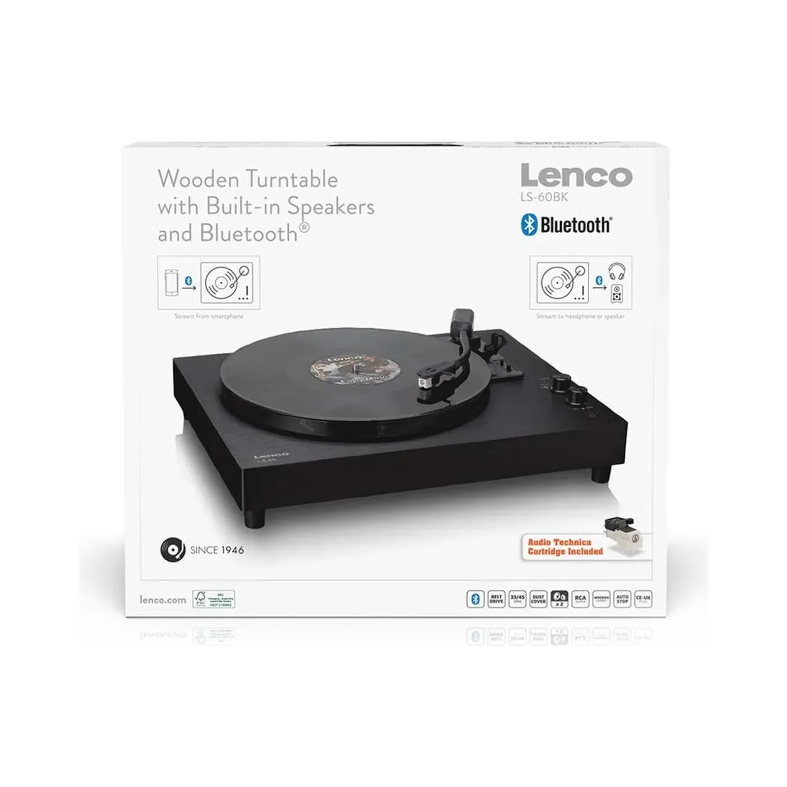 LENCO LS-60BK AHŞAP KASA USB BAĞLANTILI AT-3600 AUDIO TECHNICA İĞNE, PLASTİK KAPAKLI, BLUETOOTH IN/OUT