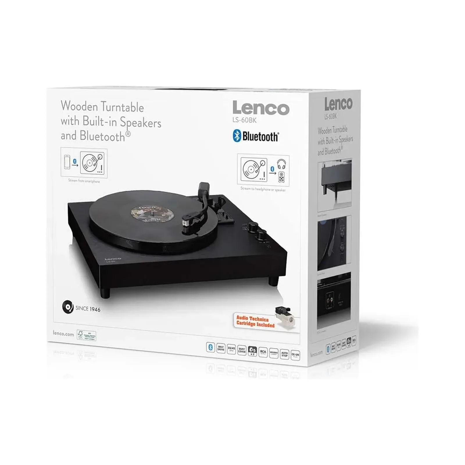 LENCO LS-60BK AHŞAP KASA USB BAĞLANTILI AT-3600 AUDIO TECHNICA İĞNE, PLASTİK KAPAKLI, BLUETOOTH IN/OUT