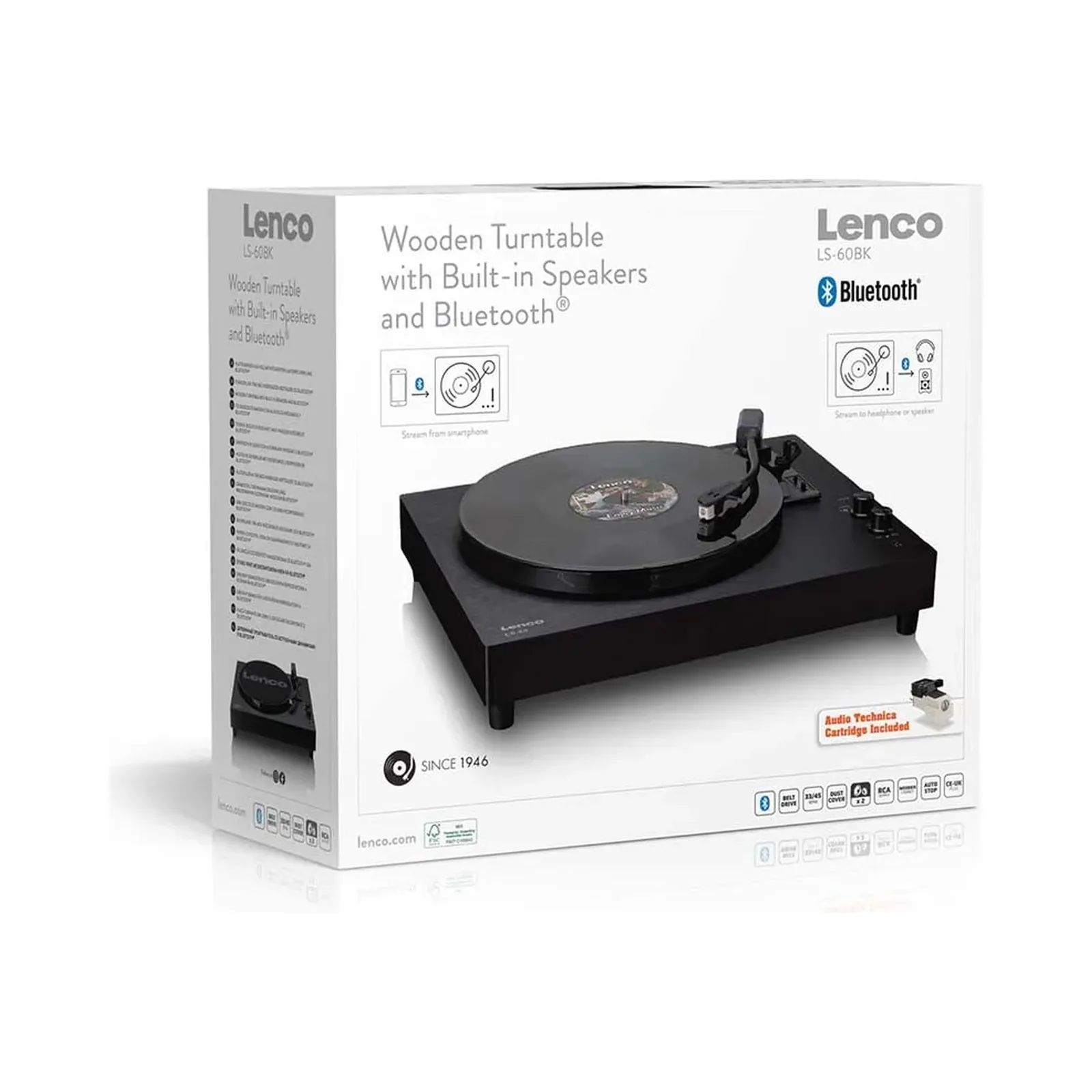 LENCO LS-60BK AHŞAP KASA USB BAĞLANTILI AT-3600 AUDIO TECHNICA İĞNE, PLASTİK KAPAKLI, BLUETOOTH IN/OUT